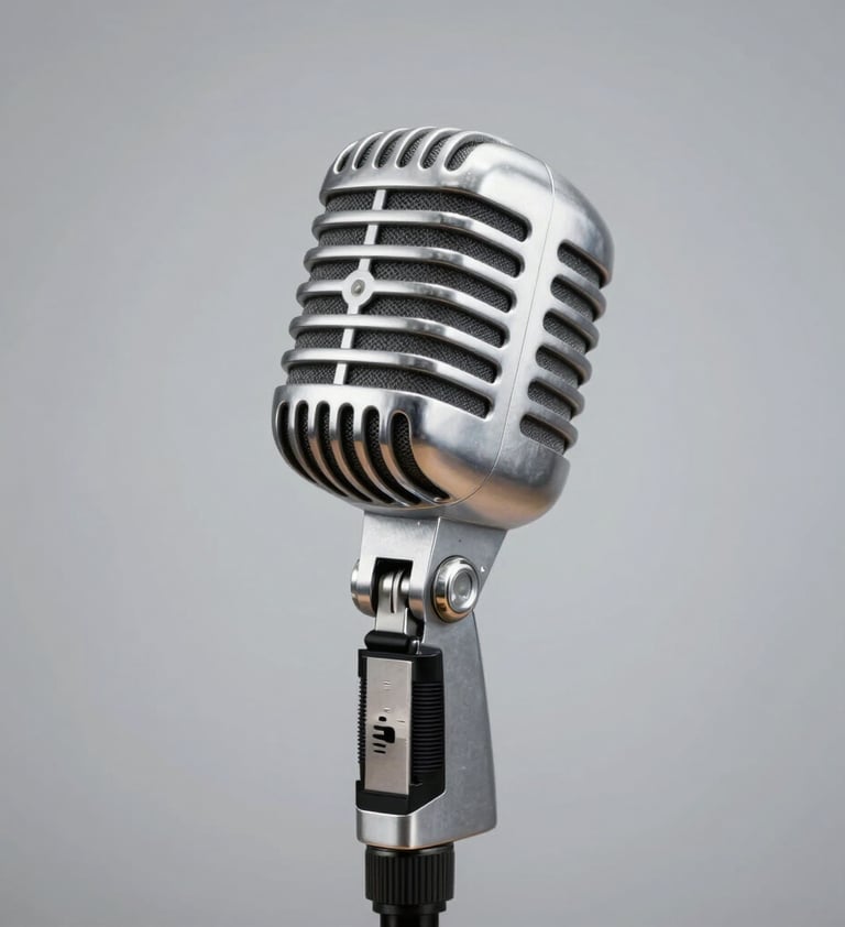 A close-up photograph of a vintage silver microphone on a stand. The chrome surfaces reflect mist-colored studio lights. The composition is artistic and minimalist, set against a soft silver backdrop.