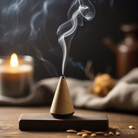 apaisement : présence d'un diffuseur d'encens , volute de fumée bougie en arriere plan.