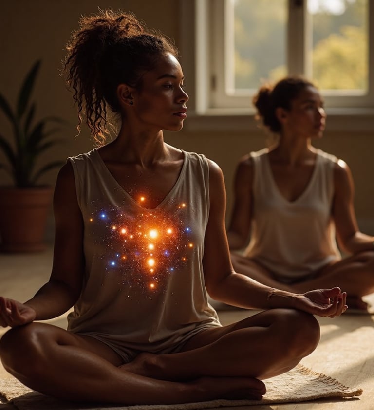 practitioner meditating with student with galaxy in chest grow my soul