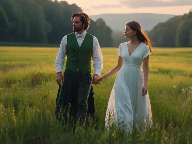 Couple mormon se donnant la main dans la prairie