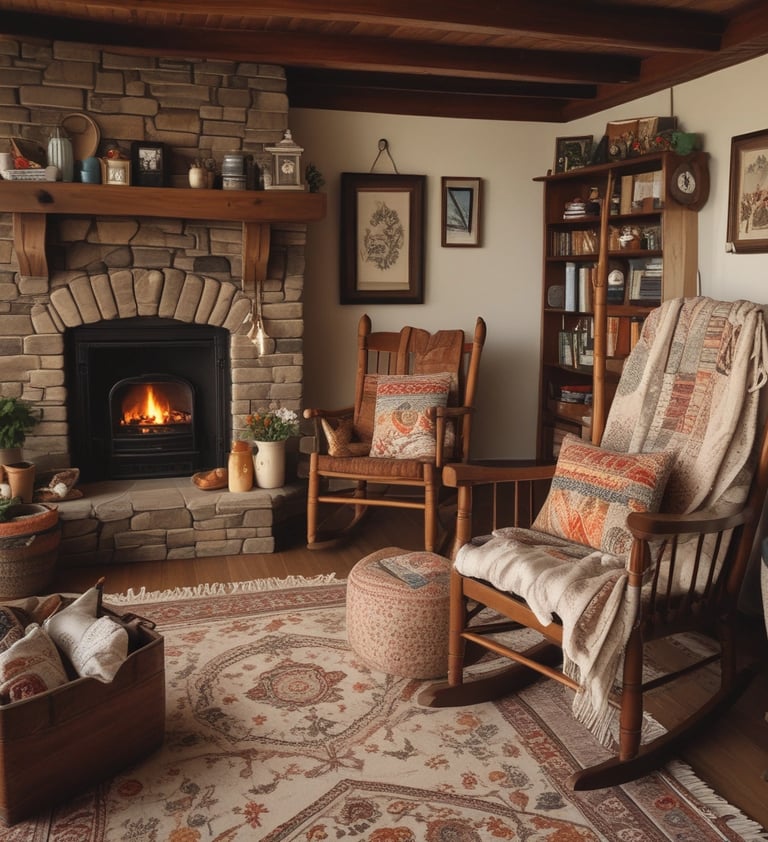 a living room with a rocking chair and a fireplace