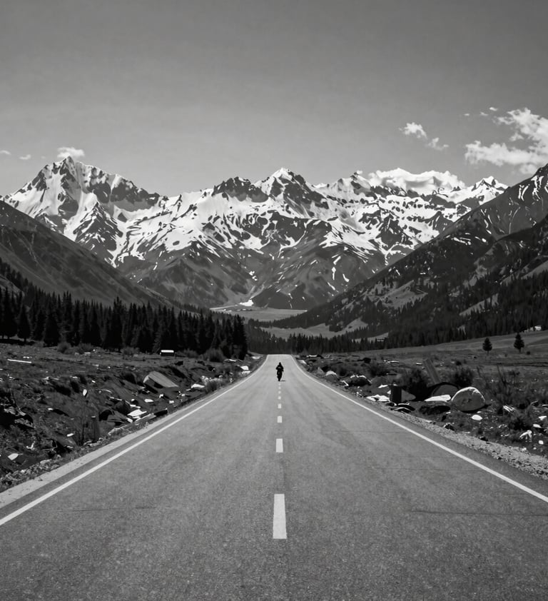 Wide-angle landscape shot of a straight road stretching toward snow-capped mountains in a Global / Western region, a single distant motorcycle rider as a small silhouette, high contrast black and white style.