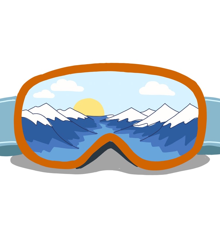 Orange ski goggles reflecting a sunlit snowy mountain landscape with blue peaks and white clouds.