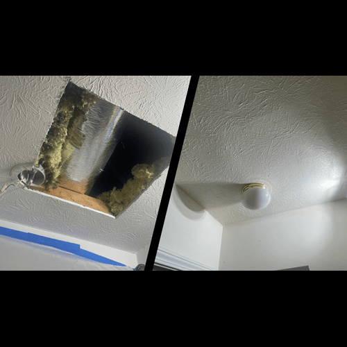 Techinician repair access hole -- Drywall ceiling repair (hole) with stipple texture finish