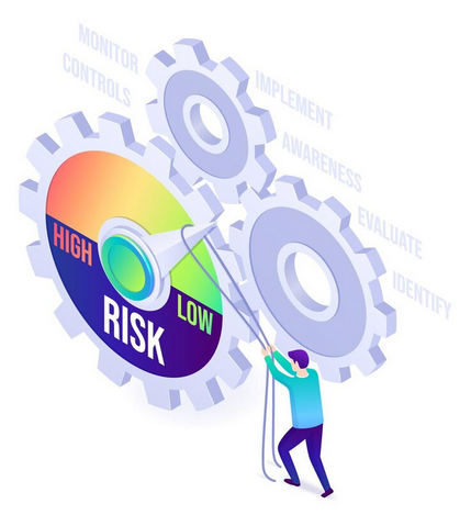 Isometric illustration of a professional managing risk assessment gears to improve business performance.