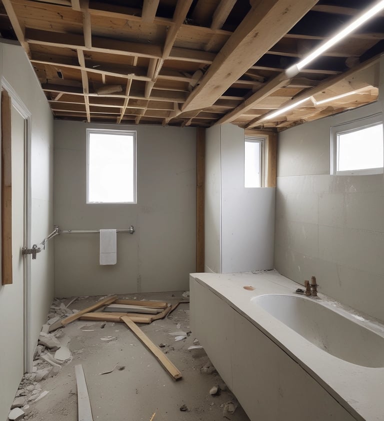 a bathroom renovation at the start with a tub tub and a sink