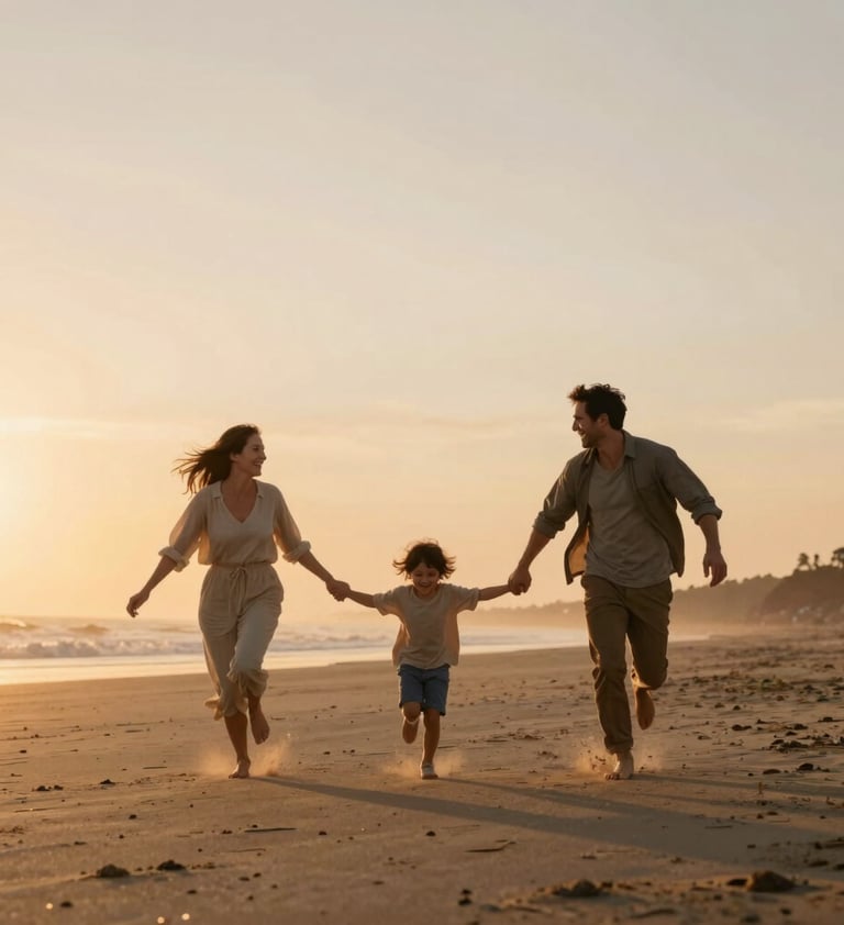 A wide cinematic shot of a family running through a sandy coastal field during sunset. The sky is filled with warm #FDF8F0 hues and soft orange light. Spontaneous laughter and movement, capturing a genuine interaction.