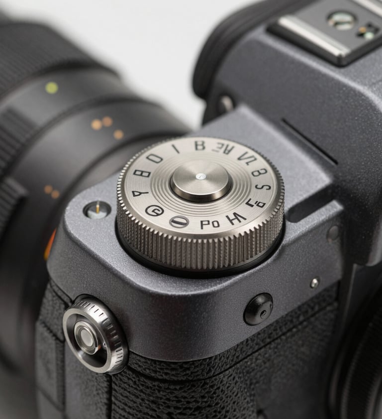 Macro photography of a high-end camera's top plate showing the mode dial and shutter button, metallic textures in shades of dark gray and light gray, shallow depth of field, North American professional studio lighting.