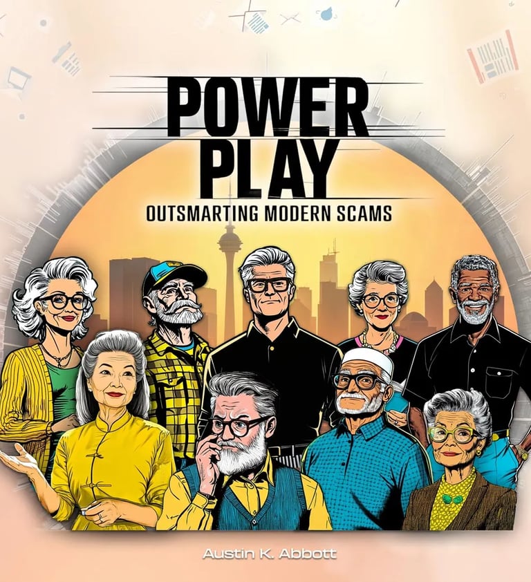 Illustrated book cover titled “Power Play: Outsmarting Modern Scams” showing a diverse group of older adults standing united.