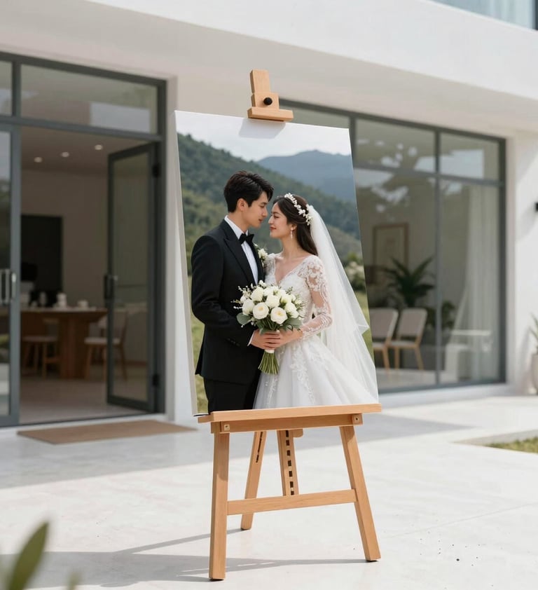 A high-end professional photographic canvas print of a couple at their wedding, displayed on an elegant minimalist easel at the entrance of a modern venue. Bright snow white environment. South American / Colombian setting.