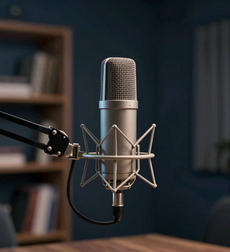 A sophisticated, dimly lit interior of a modern podcast studio. Focus on a single high-end condenser microphone on a sleek arm, with soft bokeh of #2C3E50 bookshelves in the background. The lighting is cinematic and moody.