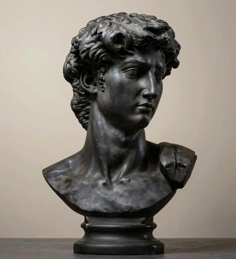 A modern reinterpretation of a classical bust in matte black stone. Dramatic lighting creates a high-contrast luxury look using #1A1A1A and #F9F7F0 highlights. Extremely premium and artistic.