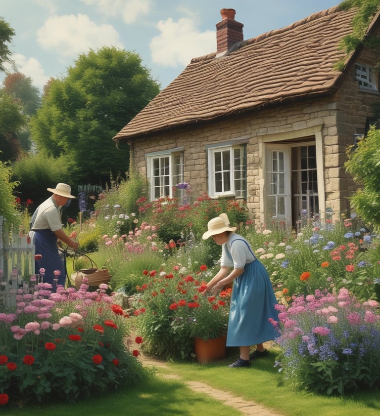 A couple pruning flowers in front of their cottage home.