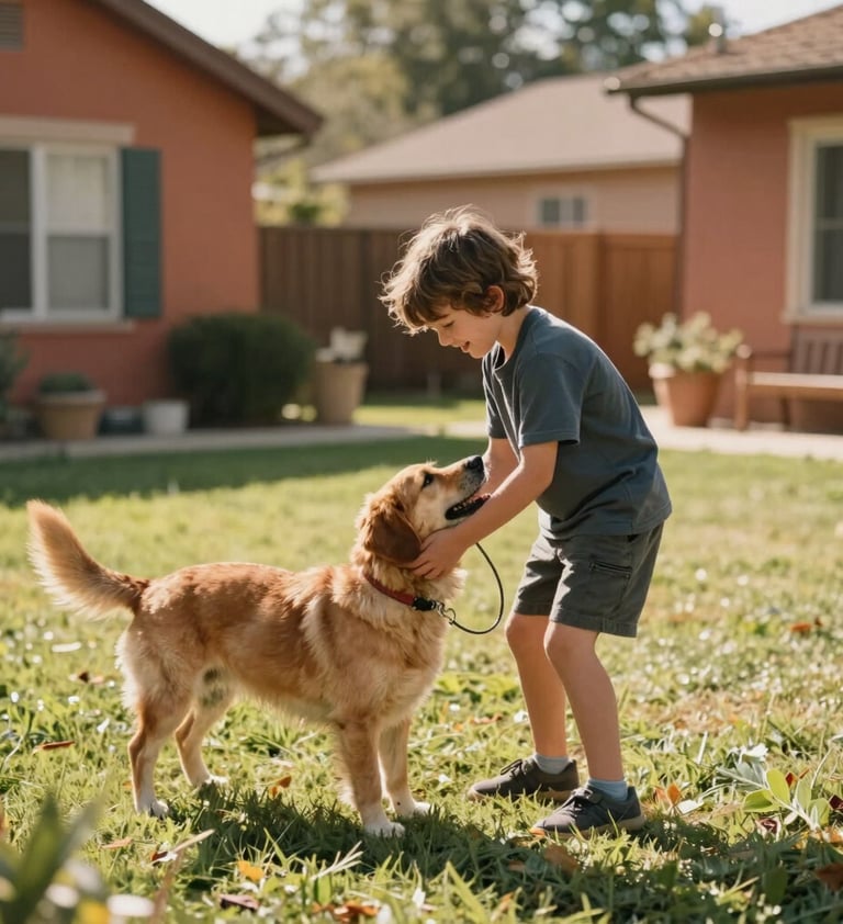 A lifestyle photograph of a child playing with a dog in a sun-drenched North American / General Western suburban garden. Cinematic lighting, warm terracotta and charcoal accents, and authentic, pure joy.