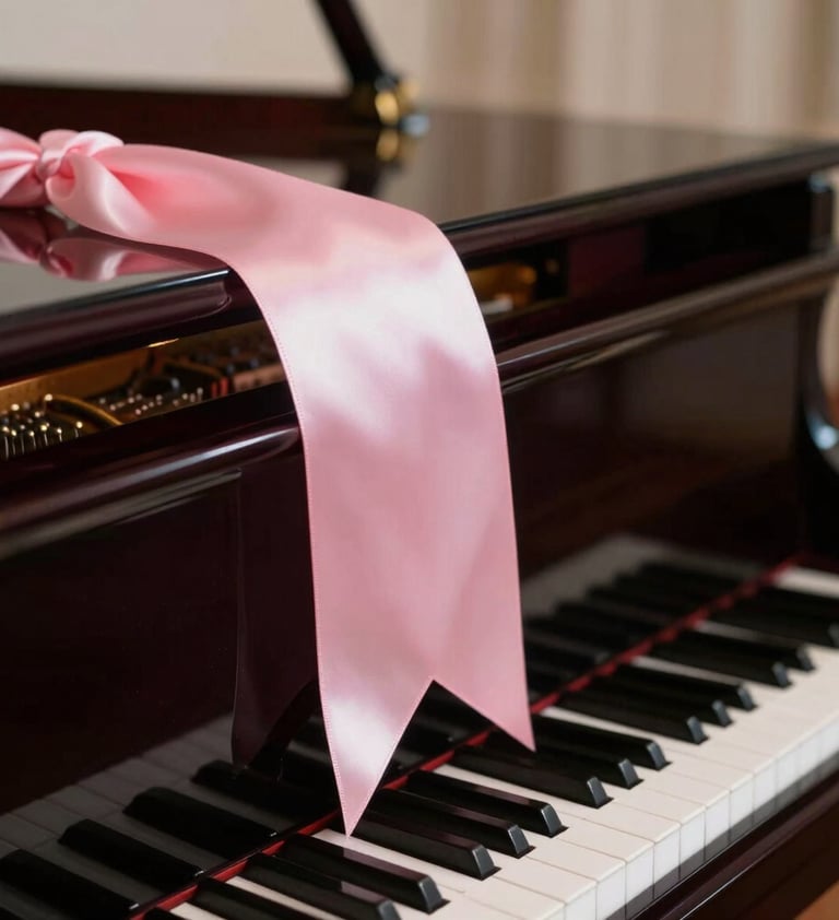A professional photography shot of a satin ribbon in Soft Petal Pink draped over a piano in a North American / US music room, with elegant Deep Plum accents and soft focus.