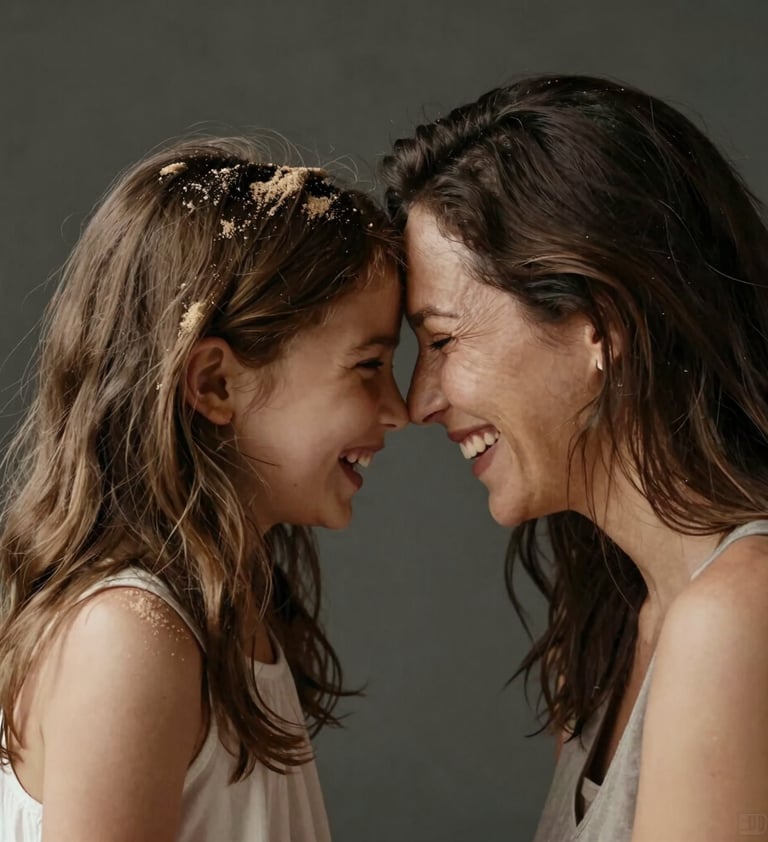 A portrait of a mother and daughter laughing, their foreheads touching. Soft, warm lighting from the side. Authentic emotional connection. High contrast with charcoal-toned backgrounds and soft sand highlights on their hair.