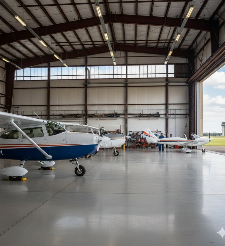 training airplane parked in hanger