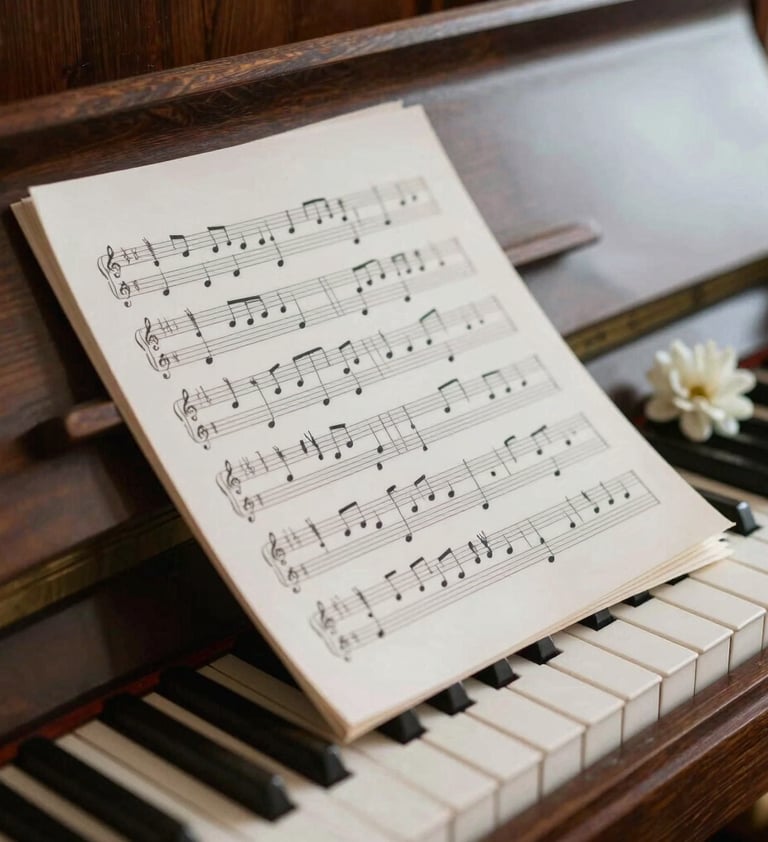 A symbolic still life of a musical score resting on a wooden piano, with a single delicate flower beside it. The lighting is soft and natural, emphasizing textures. Subtle tones of #91AA9D and #386F6F are woven into the composition to represent growth and resilience.