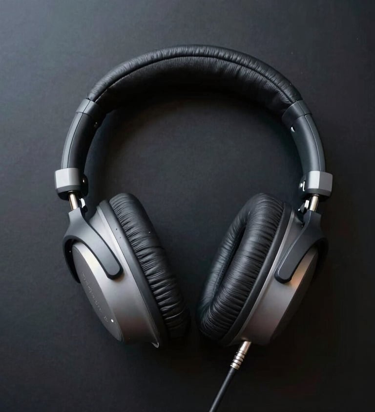 Artistic top-down photography of professional studio headphones resting on a sleek, night black surface. Mist grey highlights on the metal parts. Sophisticated music production vibe, clean and minimalist, set in a Spanish / Latin American creative space.