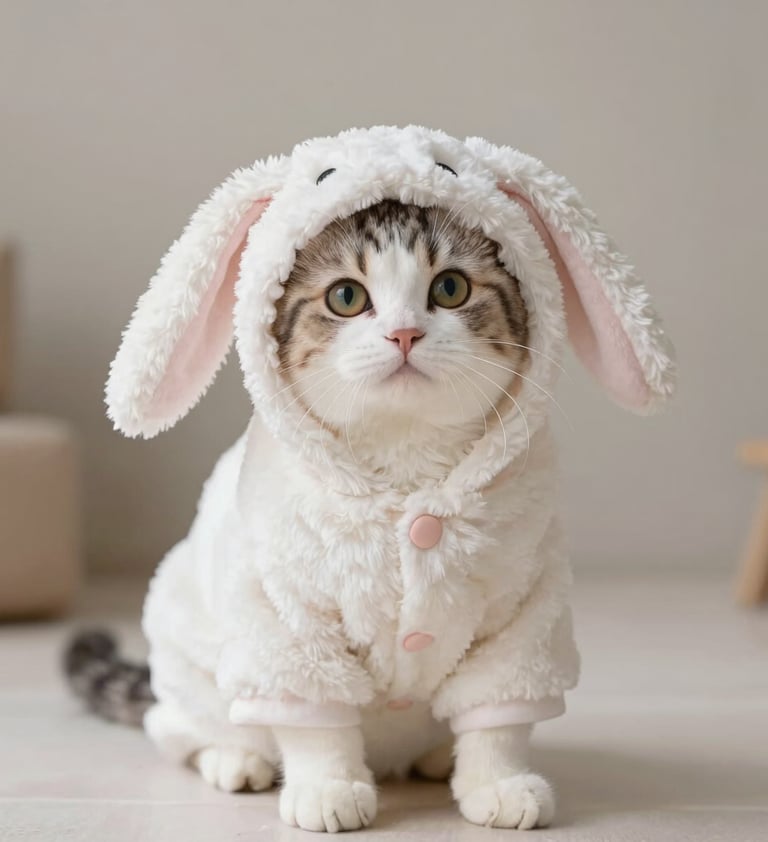 Adorable gatito atigrado con un esponjoso disfraz de conejito blanco con orejas caídas y botones rosas.