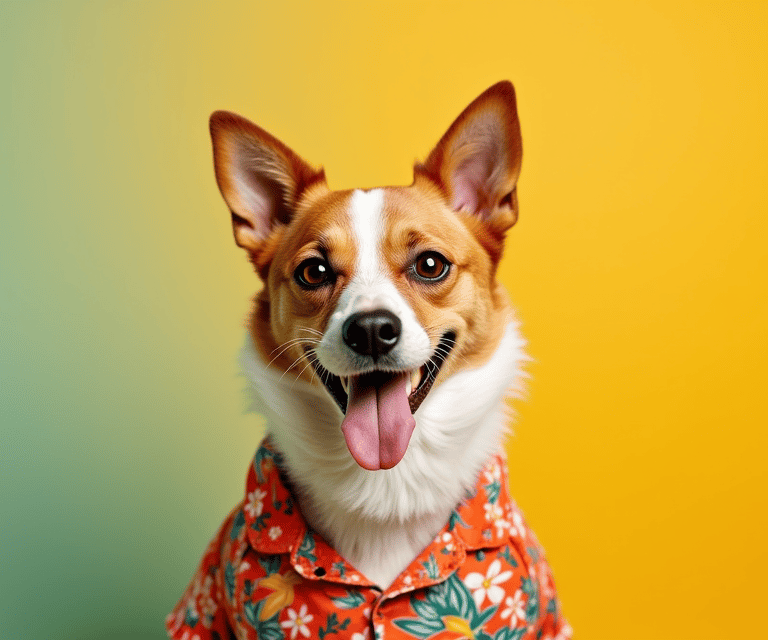 Un perro feliz de color marrón y blanco con una camisa hawaiana estampada de flores sobre un fondo amarillo y verde.