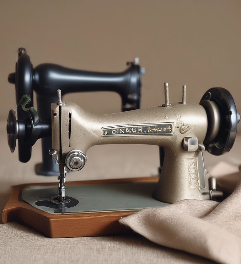Vintage black sewing machine on a wooden table with ivory fabric and draped curtains.