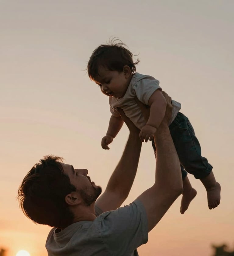 A heartfelt, close-up shot of a father lifting his toddler into the air against a sunset sky. The composition is cinematic with warm light flares. The mood is authentic and evokes deep emotion, using earthy terracotta tones in the surroundings.