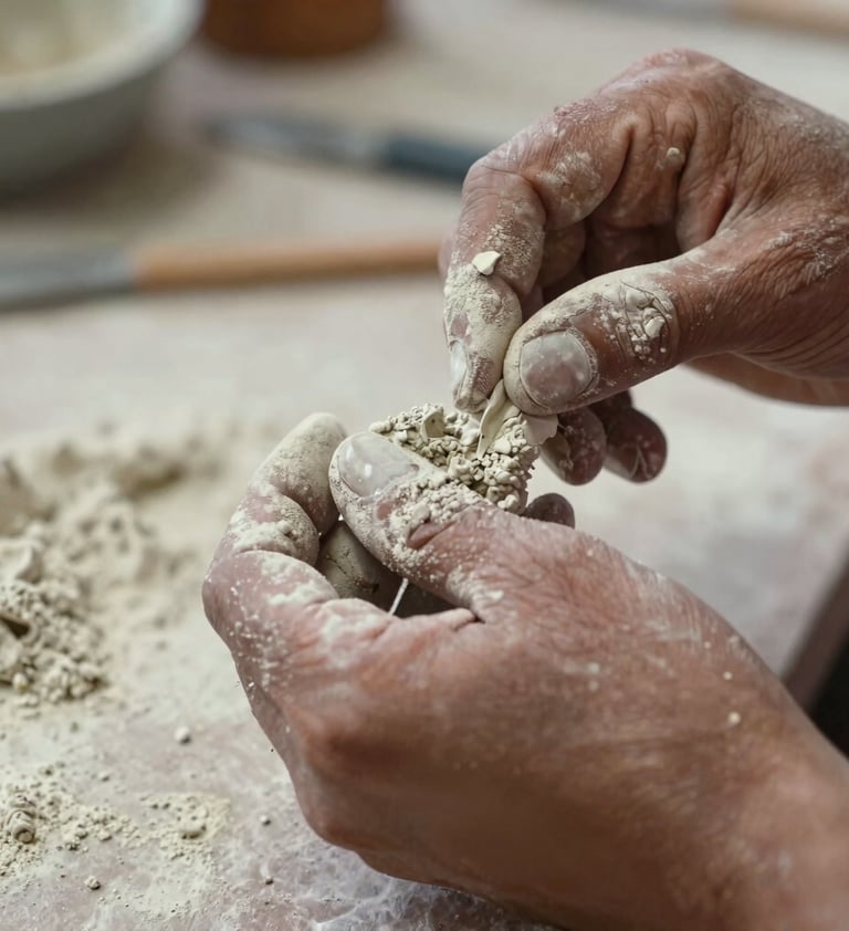 A detailed close-up of an artist's hands working with raw pigments and organic textures. The skin is lightly dusted with soft off-white powder. The composition is artistic and textural, highlighting the physical process of creation in a South American / Argentine workshop.