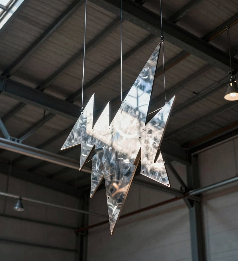 A low-angle shot of a International / Urban Art Scene warehouse ceiling with exposed metal beams and industrial lighting, casting dramatic shadows. The light hits a hanging metal sculpture that mirrors the jagged lines found in the Urban Layers art series.