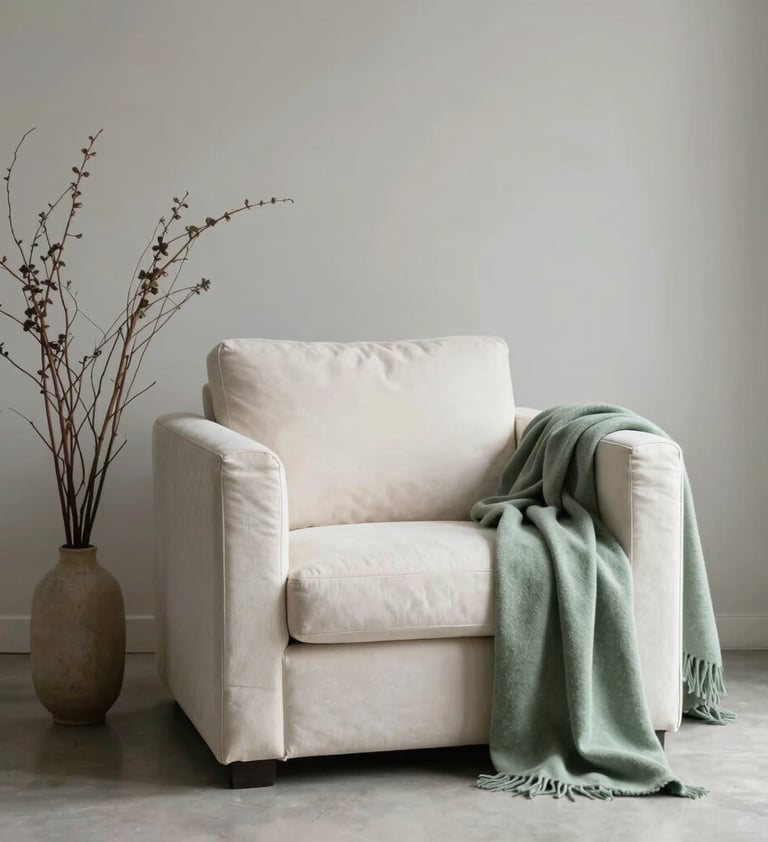 A minimalist interior setting in a North American / Western European home featuring a soft off-white armchair, a single tall vase with dried branches, and a soft sage green throw blanket draped over the side.