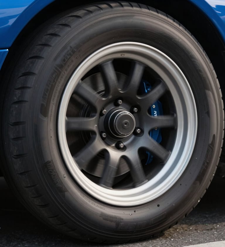Abstract close-up of a racing car tire spinning at high speed, motion blur, steel blue and midnight black palette, technical precision, high-tech sports aesthetic.