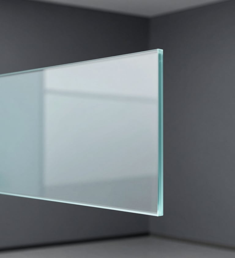 Macro photography of an industrial glass partition with a faint baby blue tint. Reflections of a minimalist dark grey room are visible. Professional, sharp focus, capturing the elegance of modern materials.