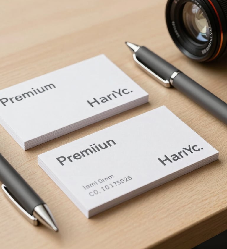 Detailed photography of premium brand stationery and sleek business cards arranged on a minimalist tan wooden surface in a North American professional studio, showing off crisp charcoal typography.