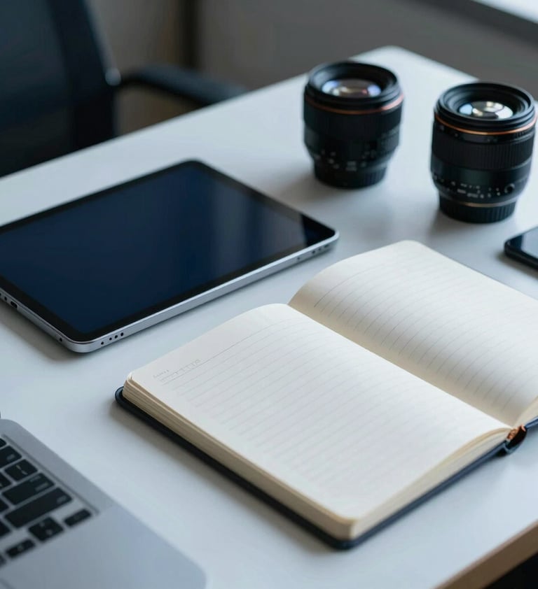 An organized workspace in a Southeast Asian / Indonesian office, featuring a tablet and notebook on a clean surface, emphasizing precision and expertise, with Dark Navy Blue and Soft Sky Blue highlights.