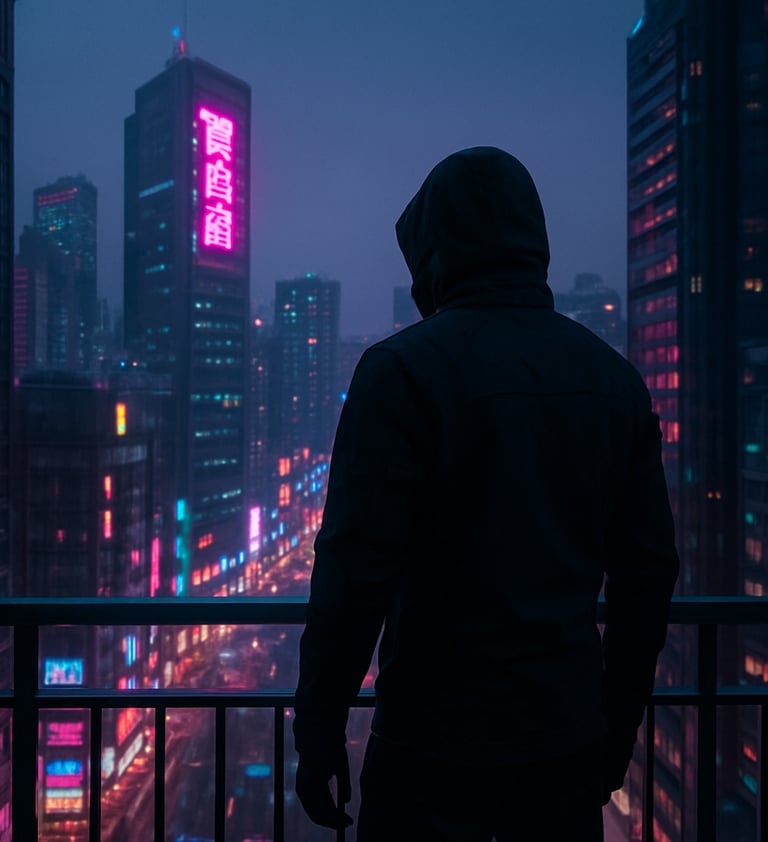 Vertical wide-angle shot from a high-rise balcony in an East Asian / Korean urban district. A person in dark tech-wear stands looking out at a sea of neon-lit skyscrapers. Cinematic lighting with magenta highlights and cyan shadows, sleek cyberpunk atmosphere.