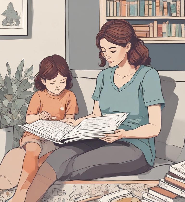 An illustration of a mother reading a parenting guide while her child plays quietly nearby.
