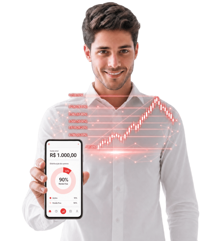Investidor sorridente segura celular com saldo de R$ 1.000. Projeção holográfica vermelha de Fibonacci acima da tela