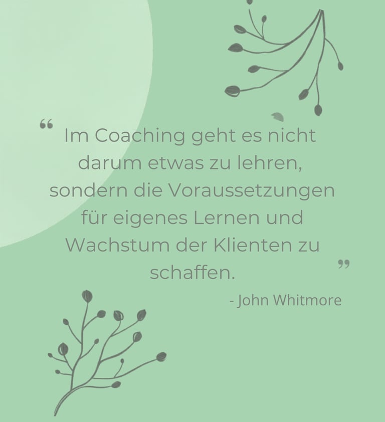 Zitat von John Whitmore über Coaching und Kundenentwicklung auf grünem Hintergrund.