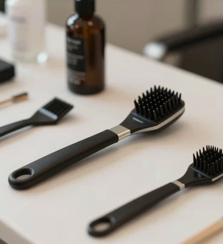Detail shot of architectural beauty tools or premium salon equipment arranged artistically on a table, soft side lighting, professional and clean aesthetic.