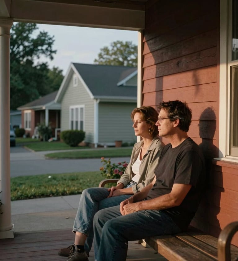 Candid shot of two people sharing a quiet moment on a porch in a North American / US neighborhood. Cinematic lighting with deep charcoal shadows and warm terracotta highlights.