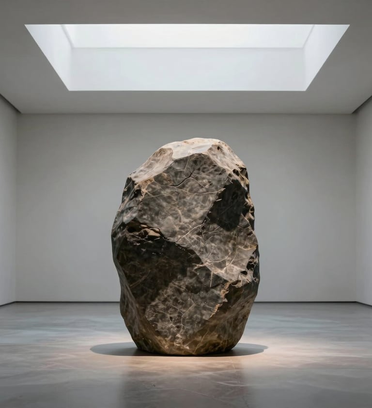 Fine art photography of a singular, dark stone sculpture in a vast, empty gallery space with light gray floors. The sculpture is centered, lit by a soft North American skylight from above, creating subtle shadows and highlighting the texture of the warm gray stone.