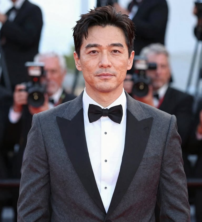 A refined cinematic still of an actor on a festival red carpet, blurred background of lights and cameras, emphasizing a professional and international career presence. Muted tones of #333333 and #A8A8A8.