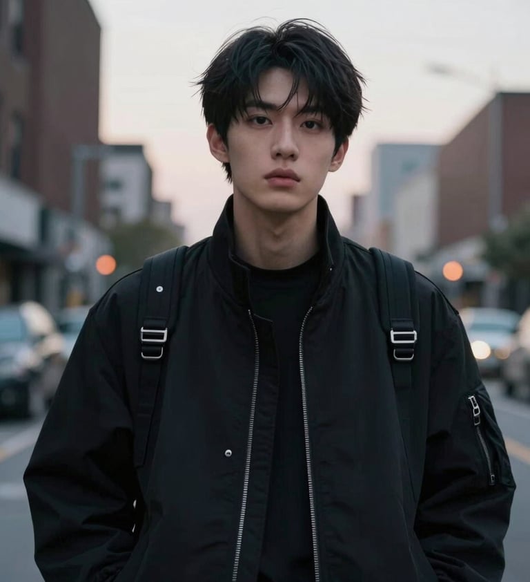 A close-up portrait of an artist in sleek black streetwear with silver hardware, captured in a North American urban setting at dusk, sharp cinematic lighting emphasizing minimalist style.