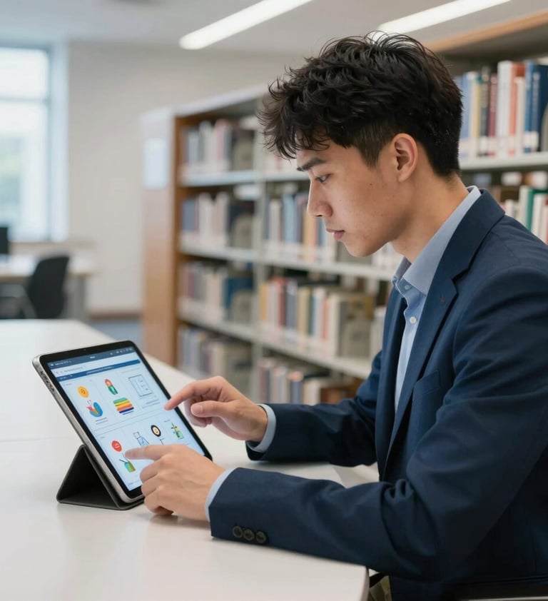 A young professional in a North American / US library or study space, using a tablet to navigate through a series of illustrated instructional modules. The atmosphere is quiet, intelligent, and modern, featuring sky blue and pearl white tones.
