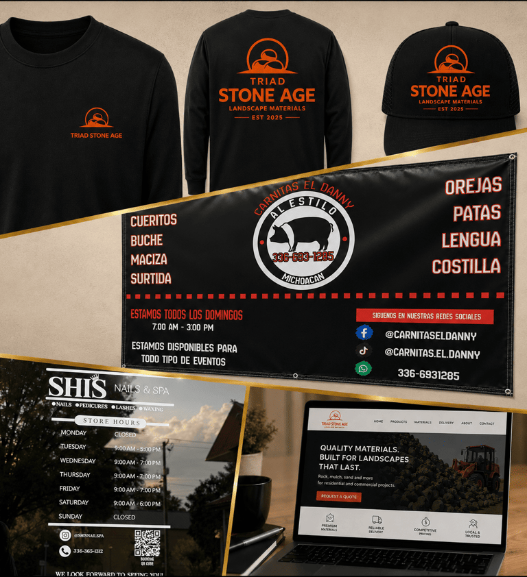 Business branding showcase featuring custom work shirts, storefront window vinyl, printed banner, and website design. Spanish