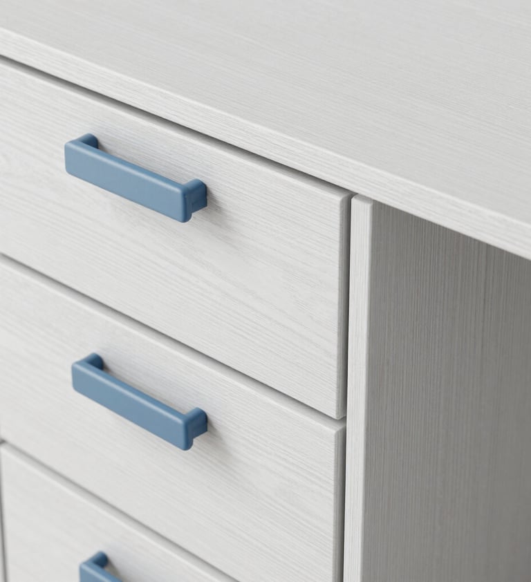 Close-up 3D render of a minimalist storage unit. Highlight on realistic material physics, showing the grain of white-washed wood against soft blue metal handles. Clean, sophisticated lighting.