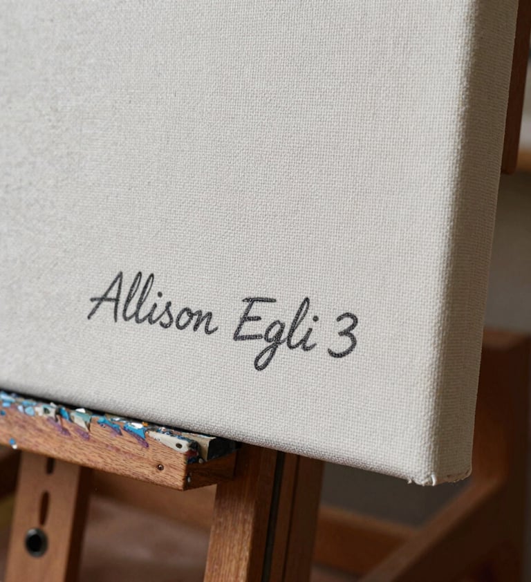 A detailed, sharp photograph of the bottom corner of a professional art canvas. The name 'Allison Egli' is subtly inscribed in charcoal paint. The fine weave of the canvas is visible under professional studio lighting.