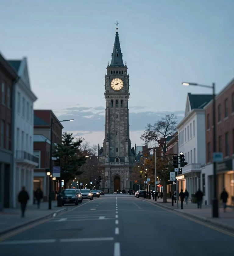 A quiet urban scene at dusk, looking down an empty street towards a historical clock tower. The image represents the passage of time and the context of history in reporting. Clean lines, professional photography, utilizing #263238 and #B0BEC5.