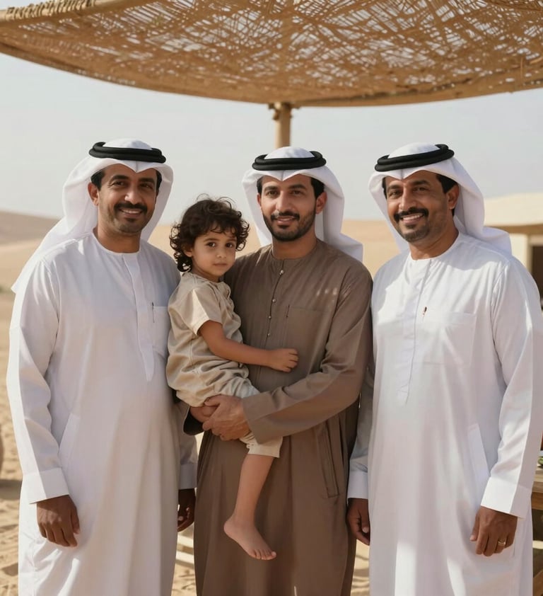 A beautiful portrait of a Middle Eastern / Gulf family under a warm sun-drenched canopy, authentic smiles, cinematic lighting with soft sand and burnt terracotta color palette.