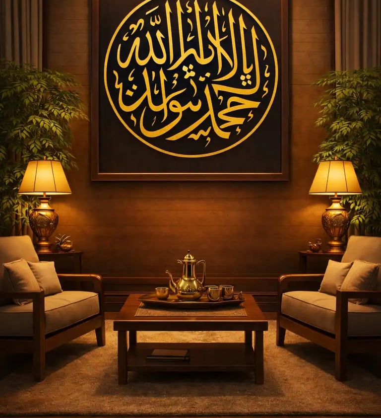 Elegant living room comfortable armchairs, table with tea set, gold Shahada wall art spiritual and oriental atmosphere
